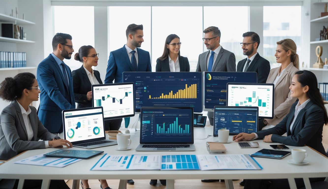 Sekelompok profesional sedang berdiskusi di ruang kantor dengan layar menampilkan grafik dan data analisis balap kuda.