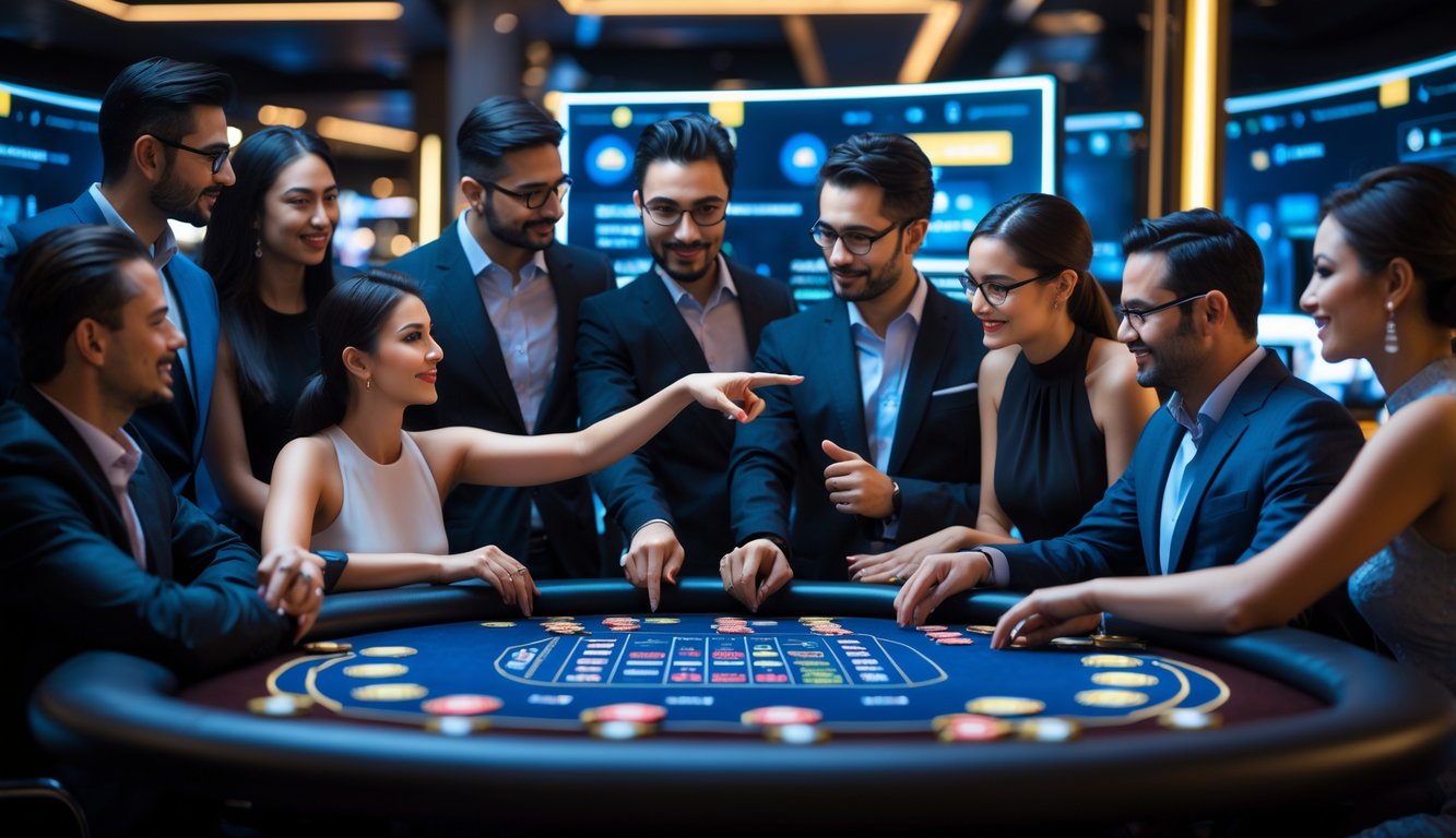 Beberapa pemain yang berpakaian rapi sedang duduk di depan layar besar dengan meja kasino digital, tampak fokus dan berdiskusi memilih meja terbaik dalam platform kasino online.