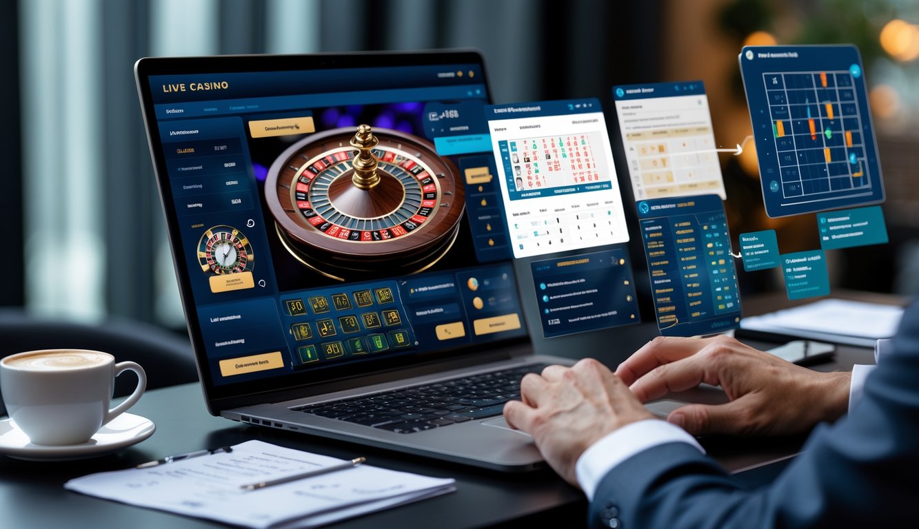 Seorang pemain sedang menganalisis pola permainan kasino langsung online dengan layar komputer menampilkan permainan dealer langsung dan catatan strategi di sekitarnya.
