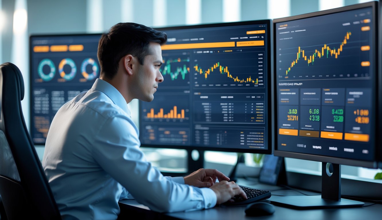 Seorang analis profesional sedang bekerja di depan beberapa monitor komputer yang menampilkan grafik data dan antarmuka permainan kasino langsung dalam sebuah kantor modern.