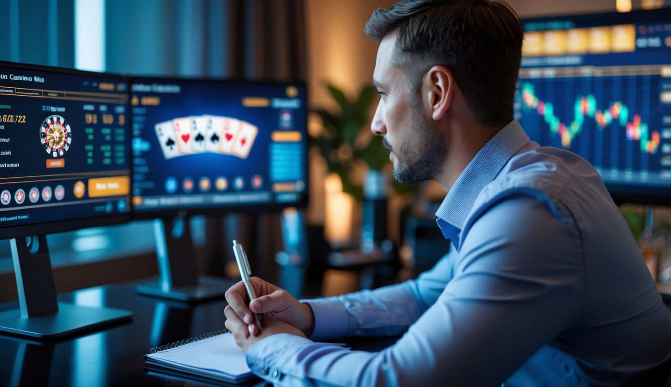 Seorang pria memperhatikan dealer kasino langsung di layar komputer sambil mencatat di meja kerja.