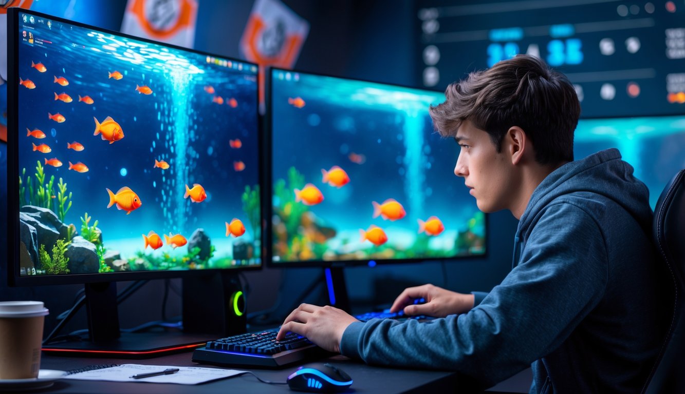 Seorang pria muda fokus bermain permainan tembak ikan di komputer dengan layar penuh ikan berwarna-warni.