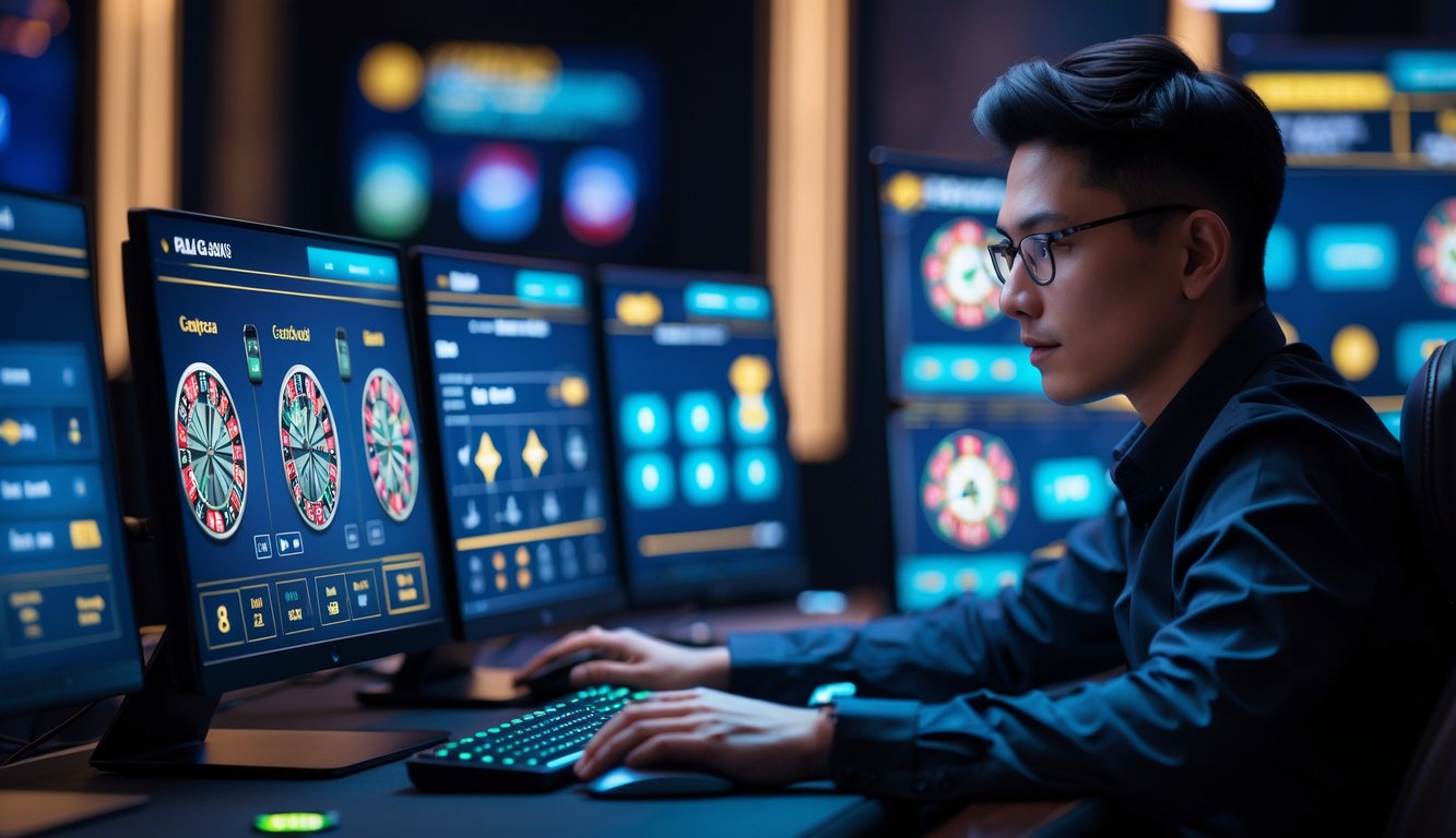 Seorang pemain berpengalaman duduk di depan layar komputer dengan tampilan permainan kasino langsung, tampak fokus dan mengatur tempo permainan.