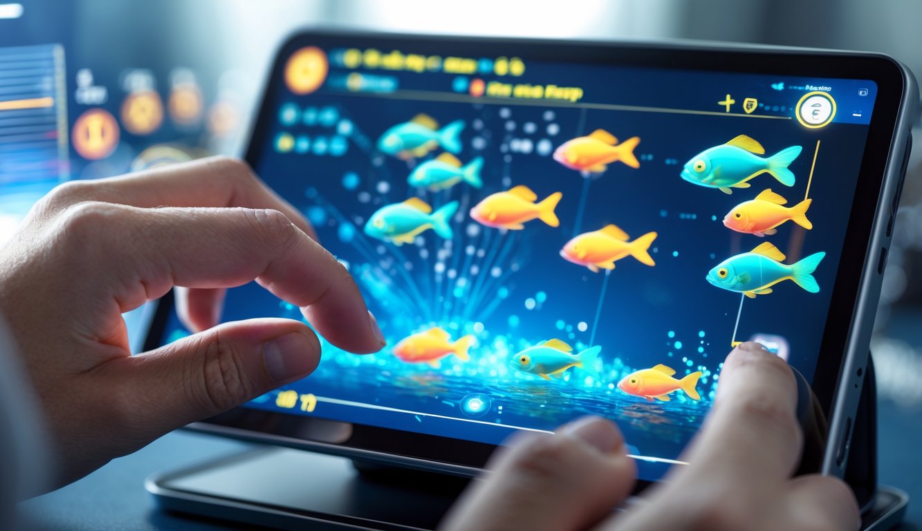 Tangan seseorang yang sedang menggunakan perangkat layar sentuh dengan tampilan permainan ikan bergerak di layar.