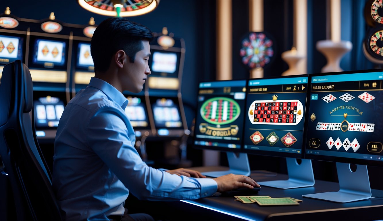 Seorang pemain fokus menggunakan komputer dengan beberapa layar yang menampilkan permainan kasino langsung seperti roulette dan blackjack di ruangan dengan dekorasi bertema kasino.