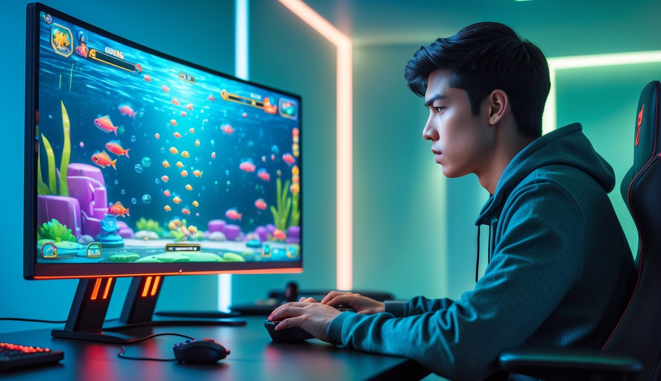 Seorang pria muda fokus bermain permainan tembak ikan di depan komputer dengan latar ruangan gaming yang modern.