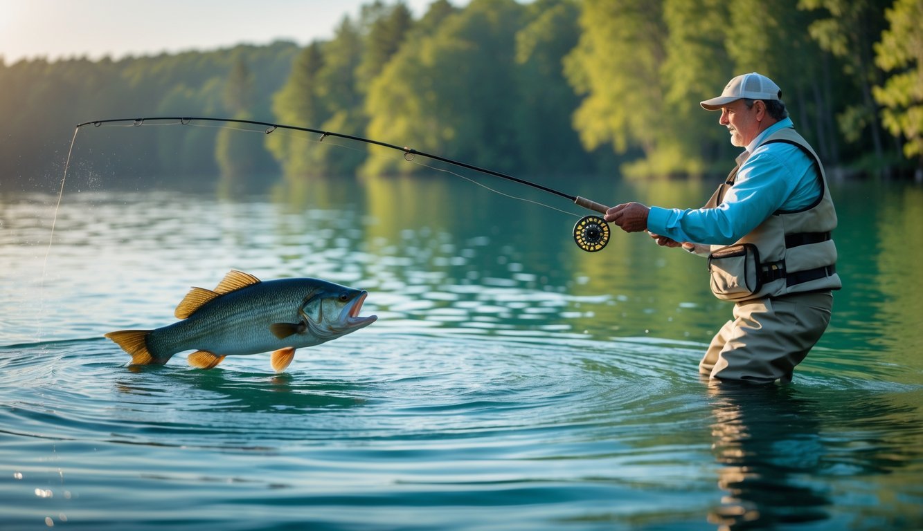 Seorang nelayan berpengalaman sedang memancing ikan besar di danau yang tenang pada pagi hari.
