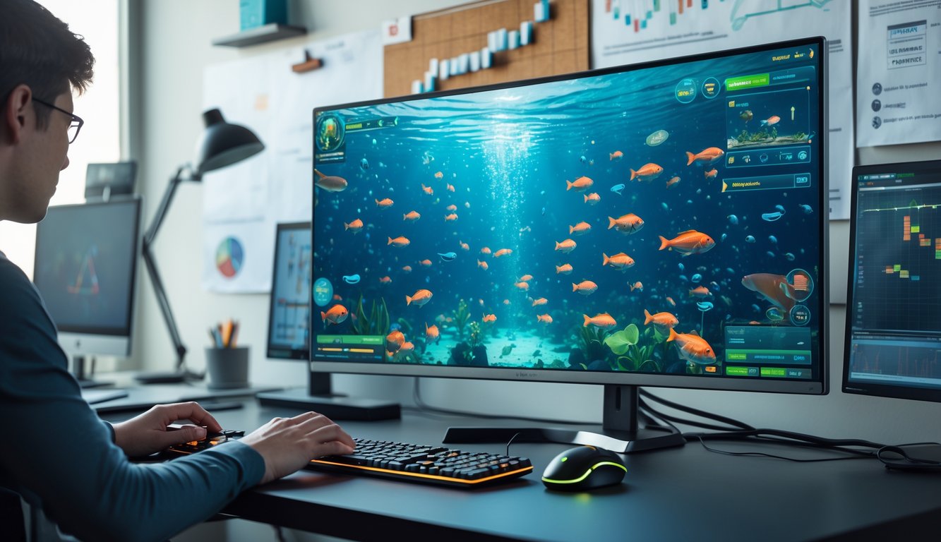 Seseorang sedang bermain game tembak ikan di komputer dengan tampilan layar penuh ikan warna-warni dan pola pergerakan musuh.