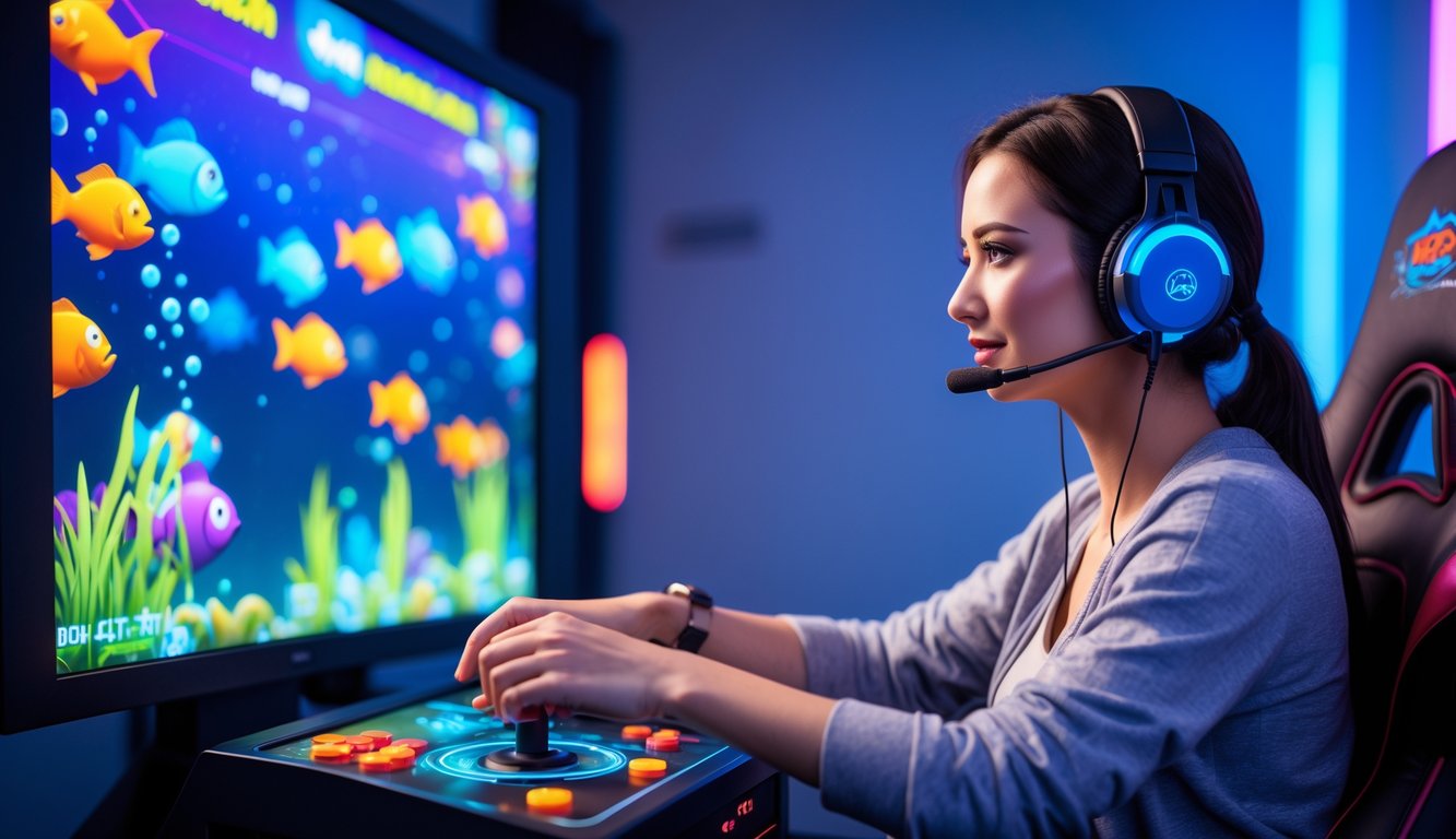 Seorang wanita muda fokus bermain permainan tembak ikan di depan layar besar dengan pengaturan permainan yang rapi.
