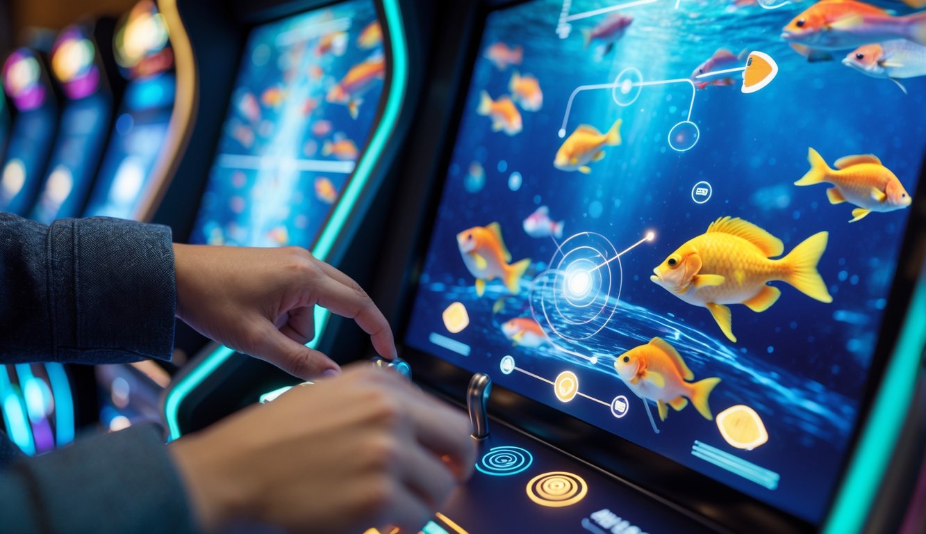 Tangan seseorang sedang bermain mesin judi tembak ikan dengan layar menampilkan ikan berwarna-warni dan pola gerak yang dianalisis.