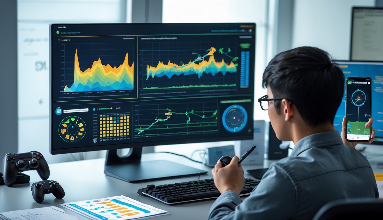 Seseorang sedang menganalisis pergerakan ikan di depan layar komputer dengan grafik dan diagram untuk menentukan taktik efektif dalam permainan tembak ikan.