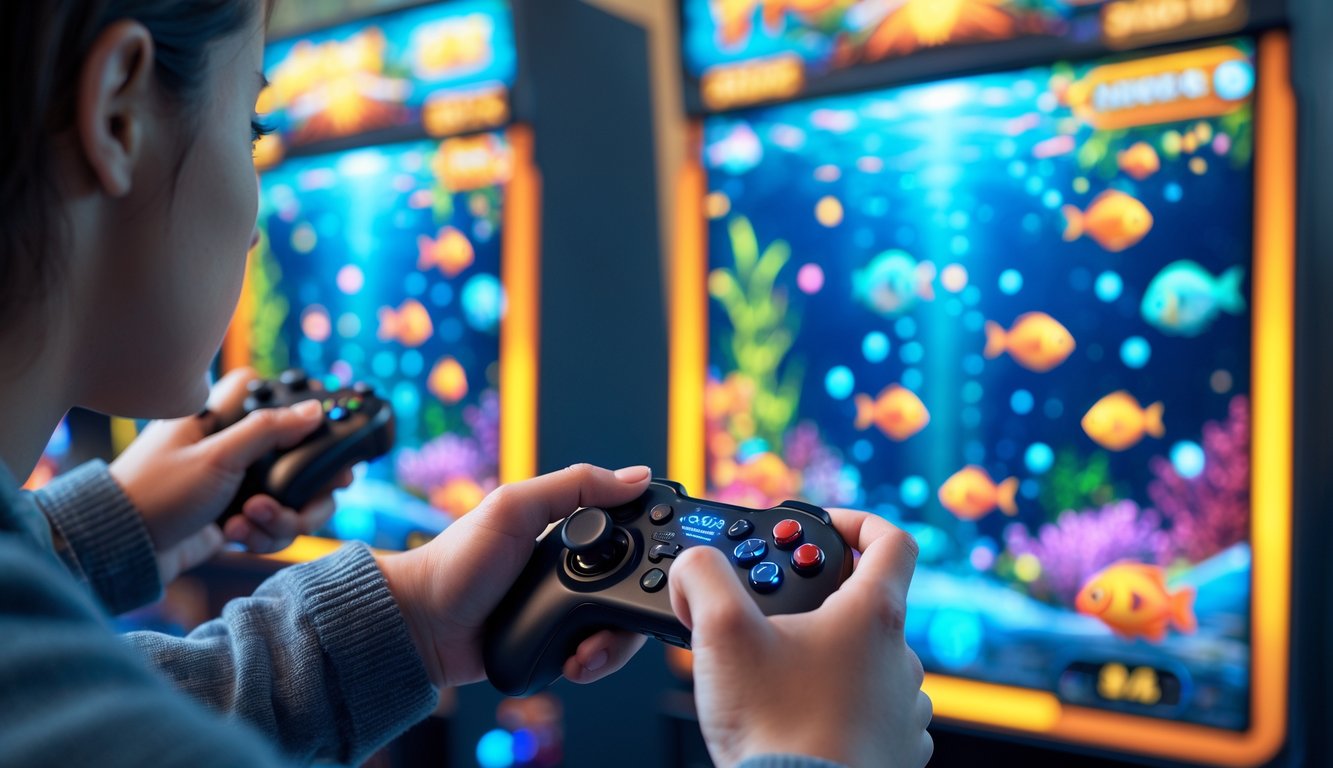 Seseorang sedang fokus bermain permainan tembak ikan dengan layar penuh warna dan kontroler di tangan.