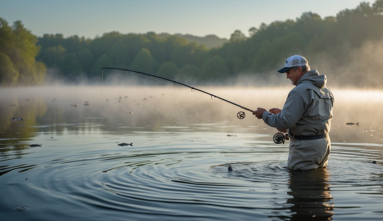 Seorang nelayan berpengalaman sedang memancing di danau dengan latar belakang pepohonan dan kabut pagi.