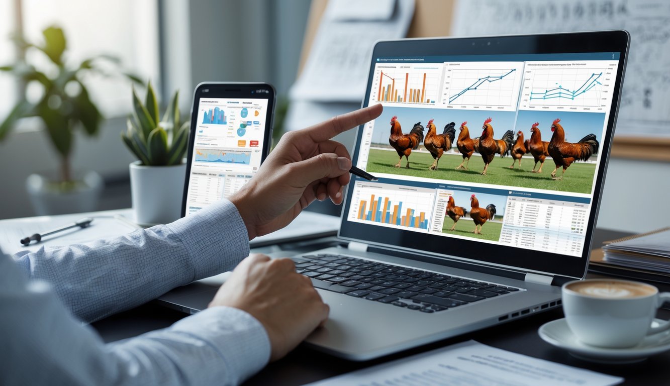 Seseorang menganalisis pertandingan sabung ayam secara online menggunakan laptop di ruang kerja modern.