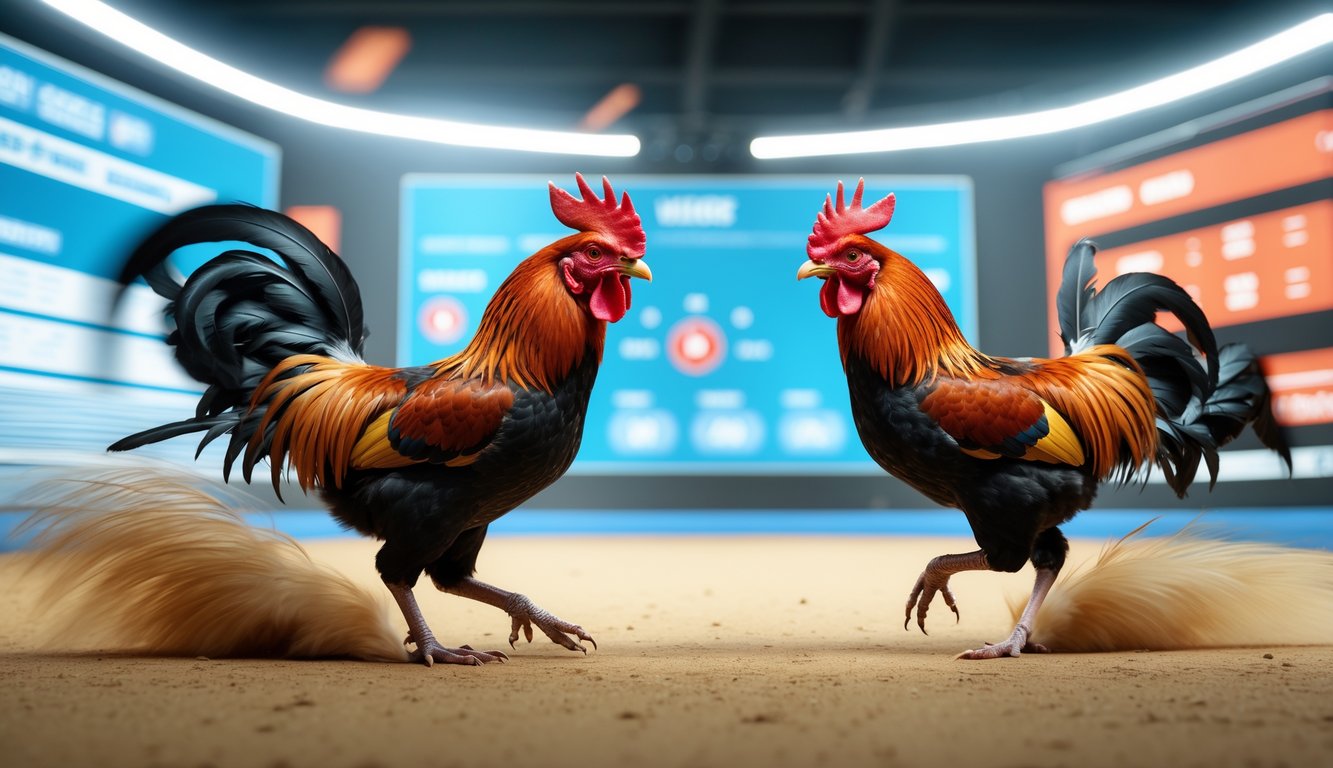 Dua ayam jago sedang bertarung dengan latar belakang elemen digital yang menunjukkan arena sabung ayam online.