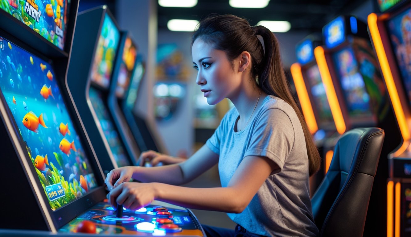Seorang wanita muda fokus bermain permainan tembak ikan di sebuah arcade permainan modern.