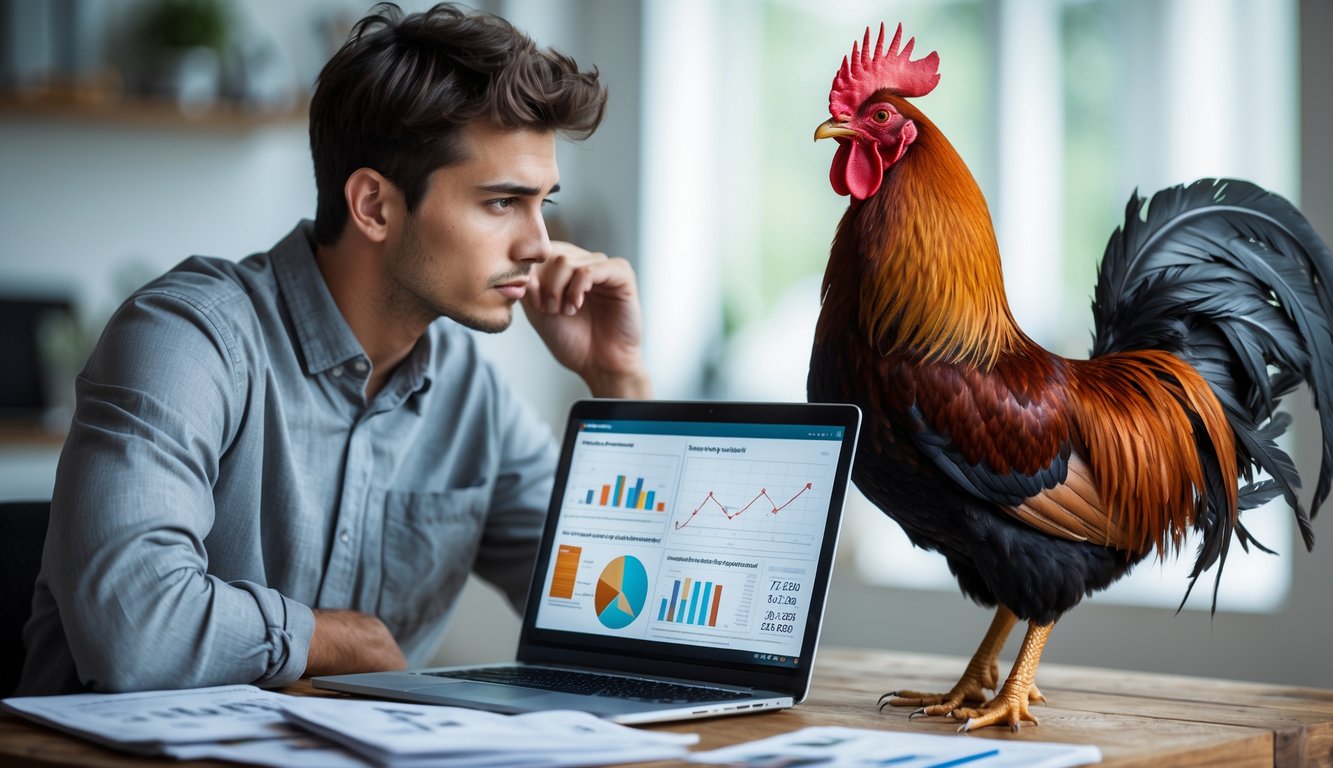 Seorang pria memperhatikan ayam jago dengan serius di meja kerja yang dilengkapi laptop dan dokumen.
