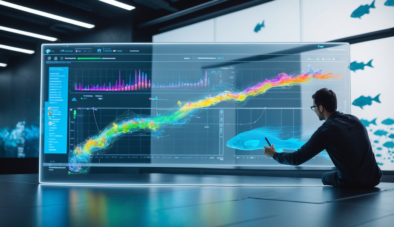 Seorang analis sedang mempelajari pergerakan ikan pada layar digital untuk menentukan taktik yang efektif dalam permainan tembak ikan.