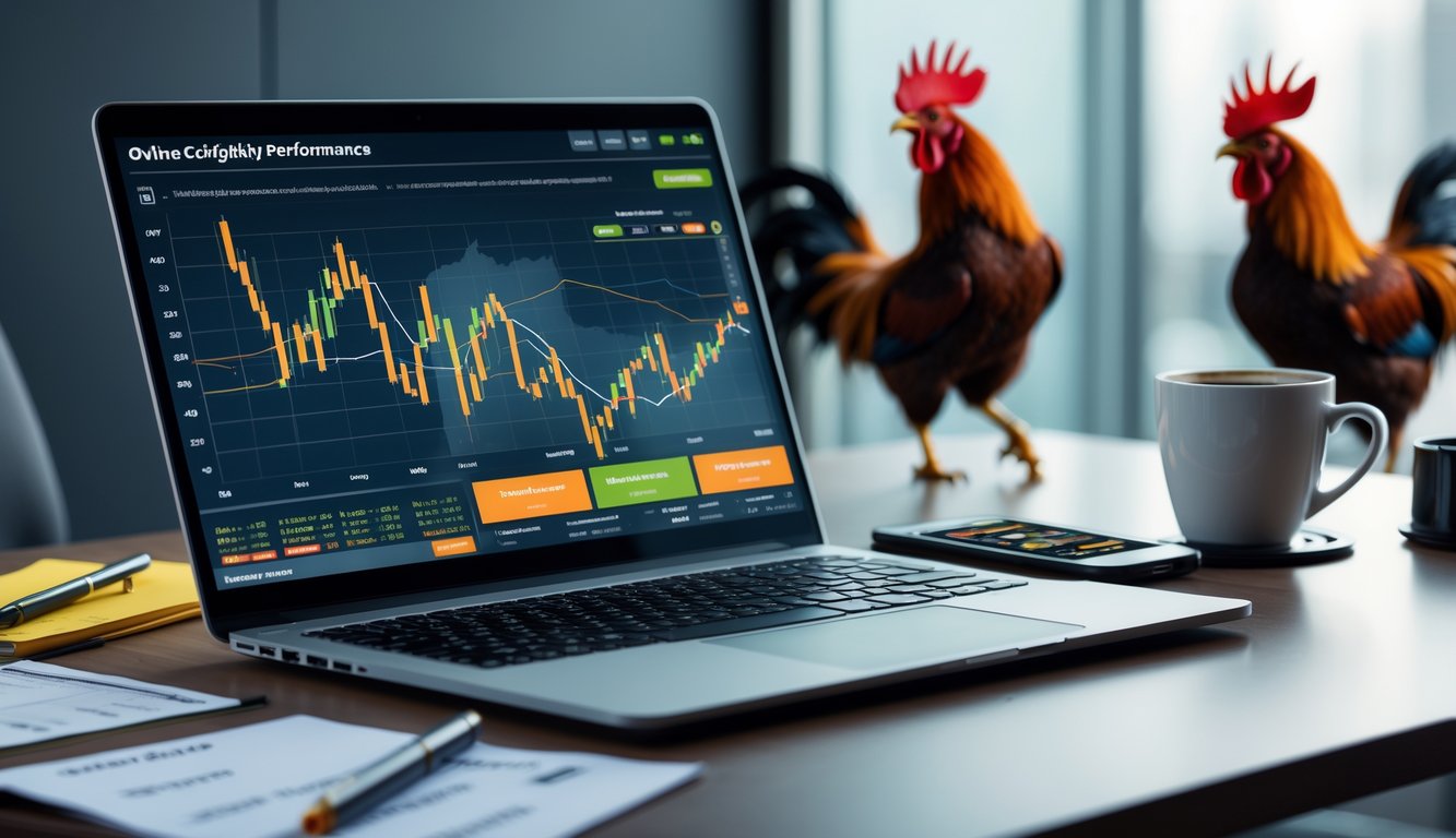 Meja kerja dengan laptop menampilkan grafik data, ponsel dengan antarmuka taruhan langsung, dan siluet dua ayam aduan sedang bertarung di latar belakang.