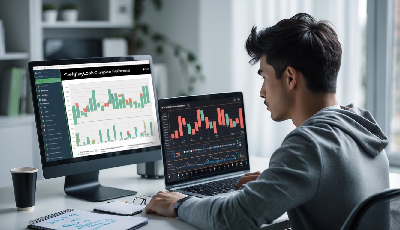 Seorang pria muda duduk di meja dengan laptop terbuka, mempelajari data dan grafik untuk membaca performa ayam laga secara online.