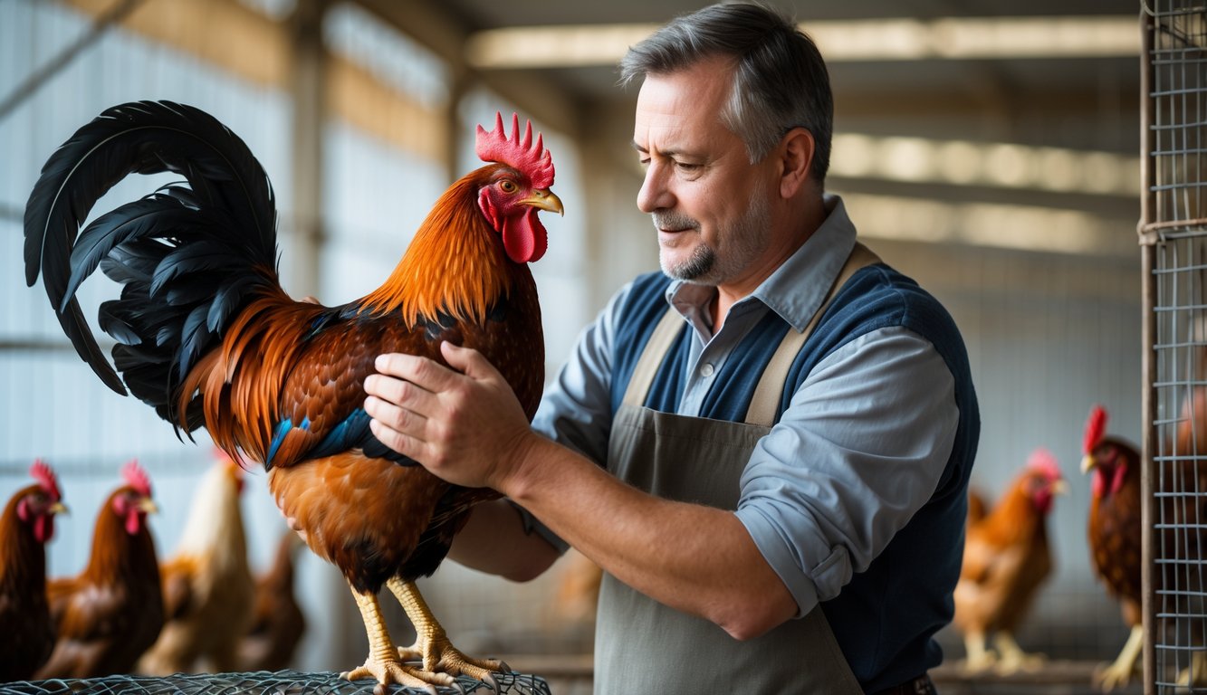 Seorang pria berpengalaman sedang memilih ayam aduan dengan hati-hati di lingkungan peternakan ayam.