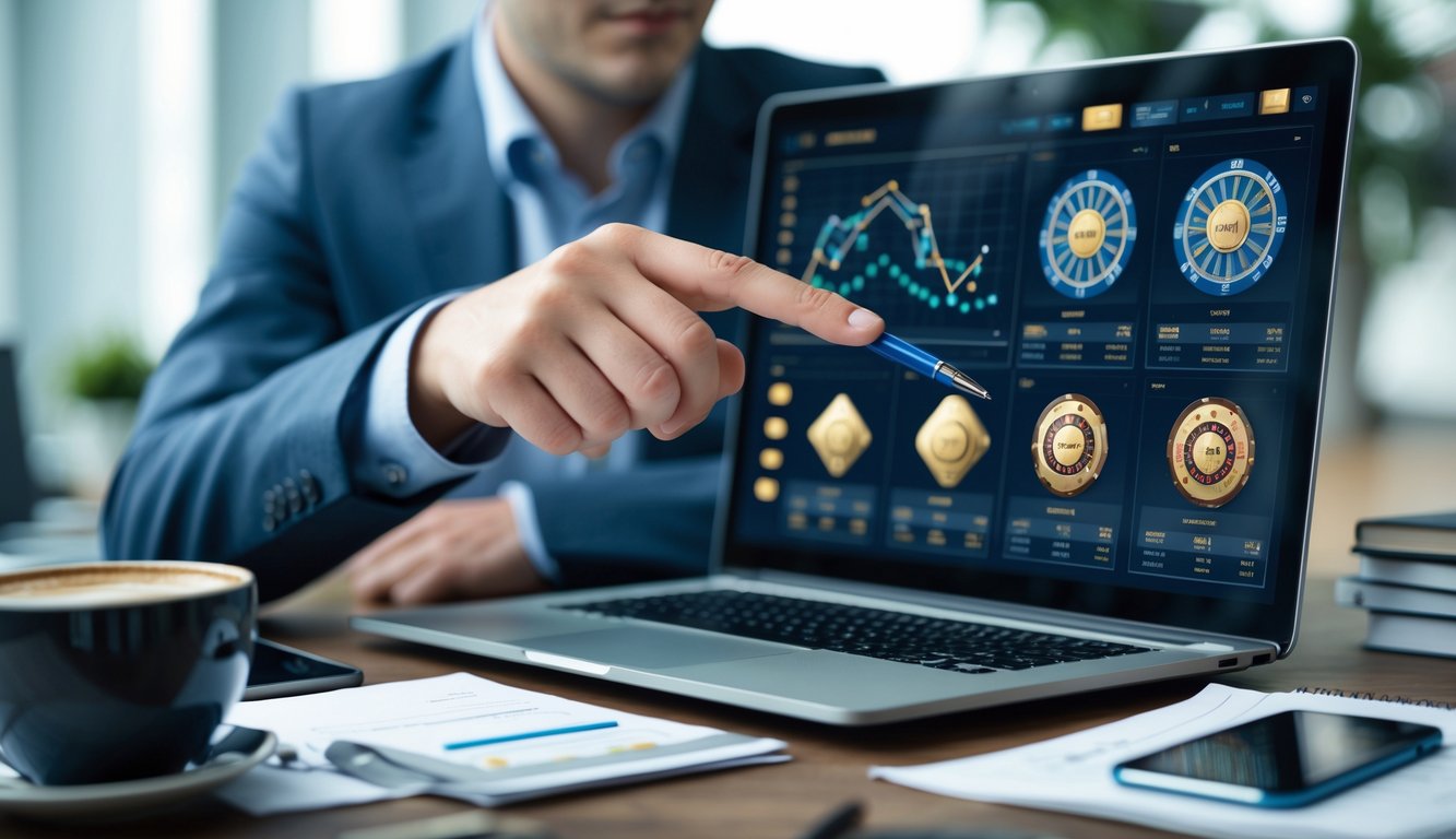 Seorang pria fokus menganalisis data pola putaran game slot di depan laptop di ruang kerja modern.