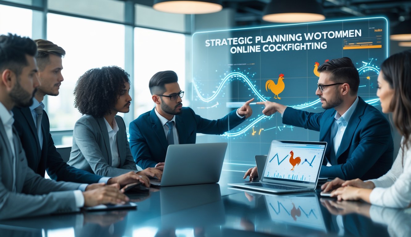 Sekelompok profesional sedang merencanakan strategi di ruang konferensi dengan layar digital yang menampilkan pola gerakan dan gaya bertarung.