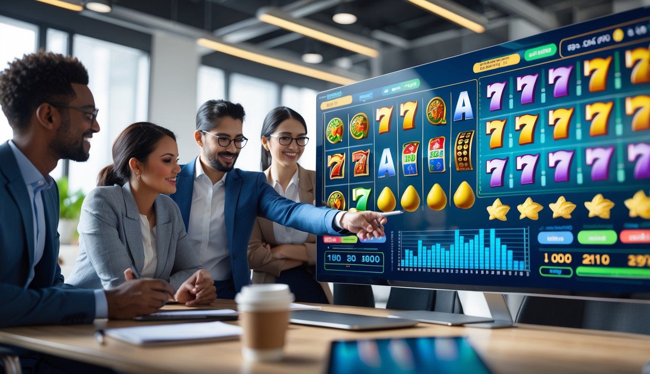Sekelompok orang sedang menganalisis simbol pada berbagai jenis permainan slot di sebuah ruang kantor dengan layar digital besar yang menampilkan simbol dan grafik frekuensi.