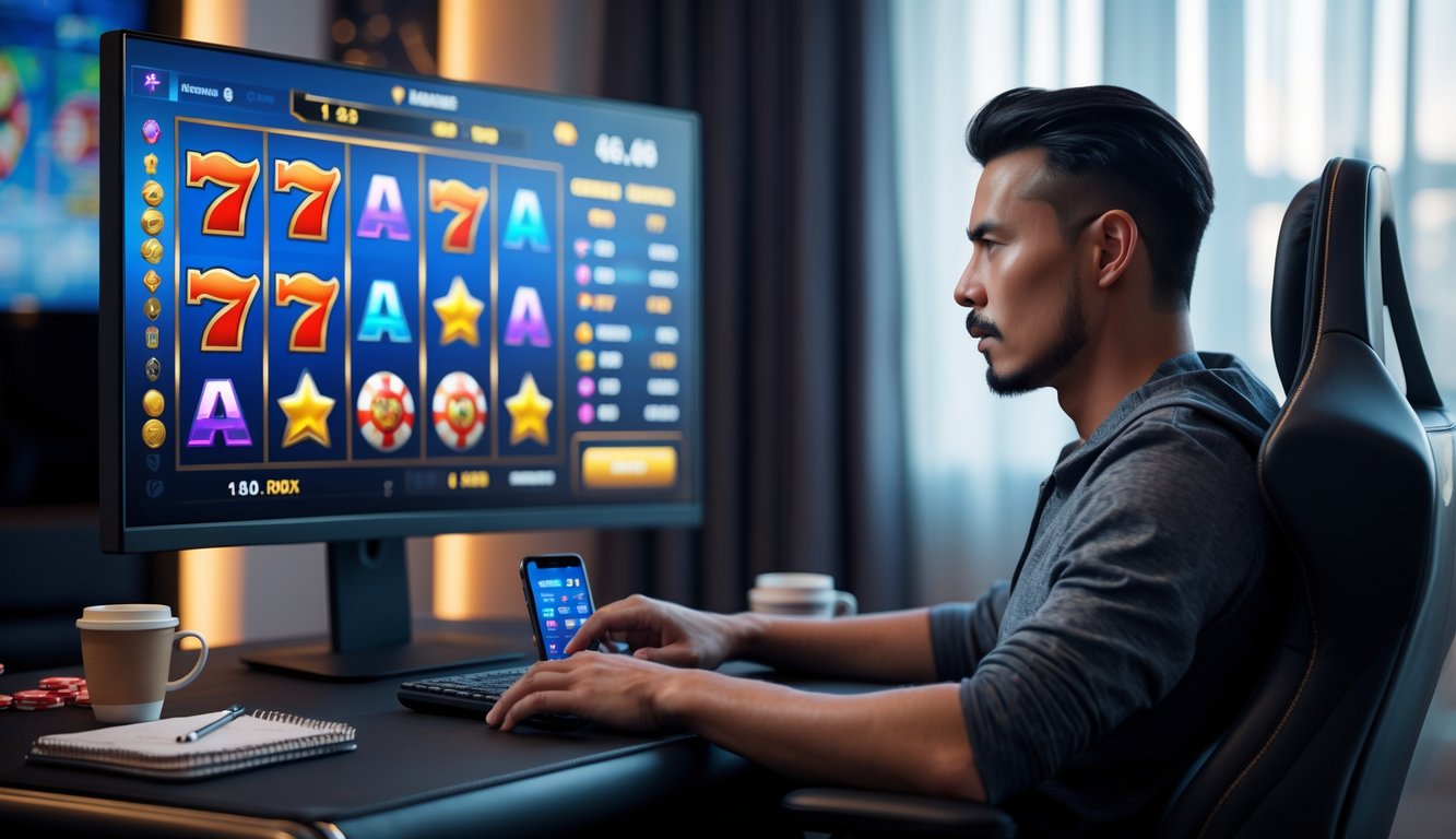 Seorang pria dewasa sedang duduk di depan komputer dengan layar menampilkan permainan slot, terlihat fokus dan serius dalam bermain.