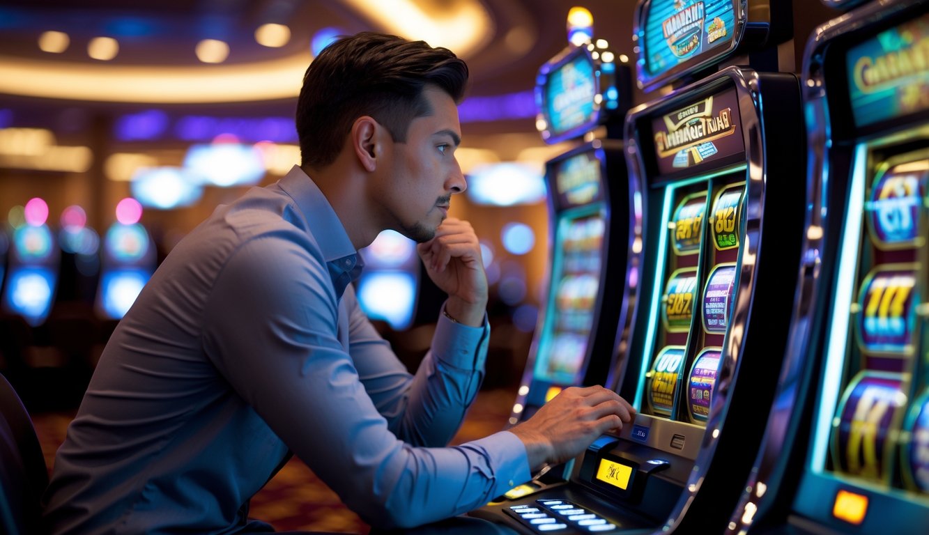 Seorang pemain ahli sedang memperhatikan pola pada mesin slot modern di dalam kasino.