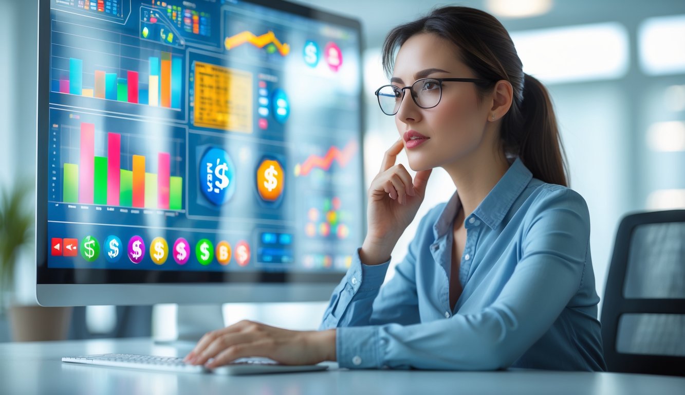 Seorang wanita muda duduk di meja modern sambil menganalisis data dengan layar digital transparan yang menampilkan grafik dan ikon game slot.