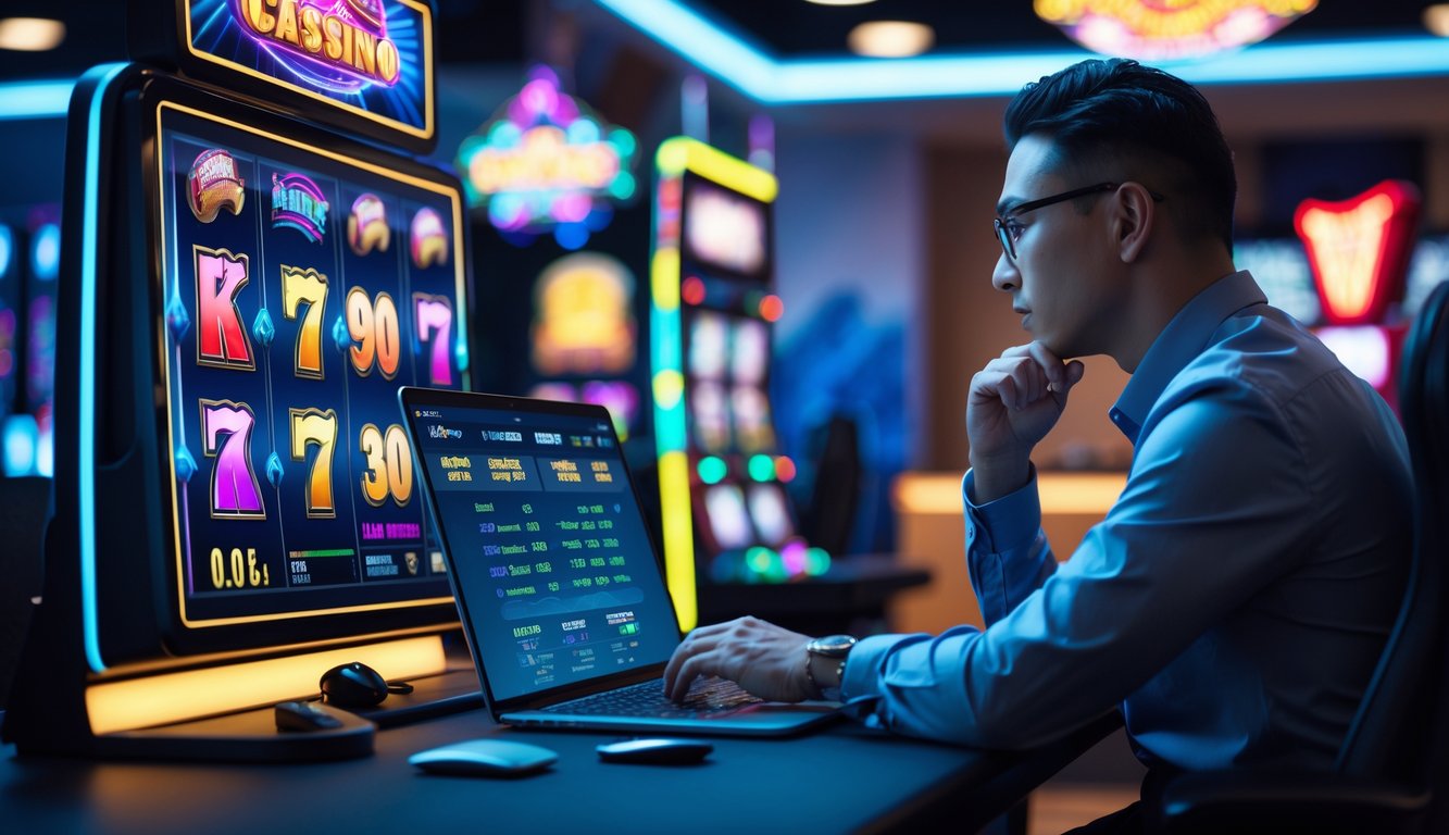 Seorang individu fokus merencanakan strategi saat bermain game slot interaktif di depan layar digital dengan simbol mesin slot yang berwarna-warni.