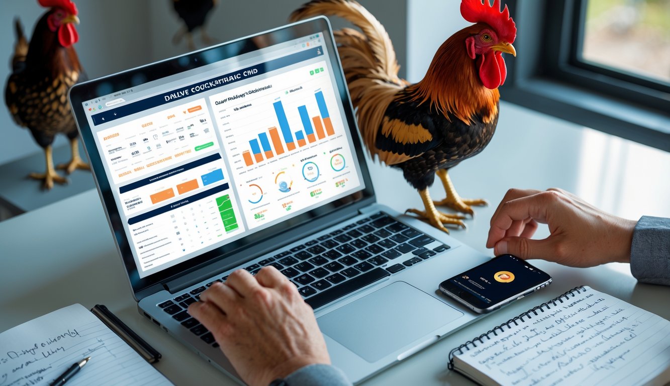 Meja kerja dengan laptop yang menampilkan statistik sabung ayam, buku catatan, dan ponsel dengan pembaruan langsung, menunjukkan seseorang yang sedang menganalisis performa ayam jago.