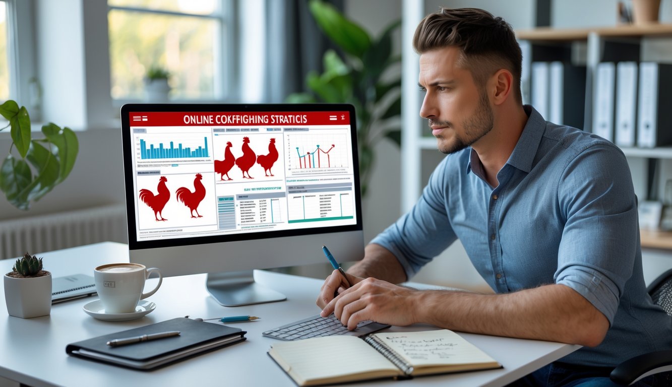 Seorang pria sedang menganalisis strategi sabung ayam online di depan laptop di ruang kerja yang rapi.