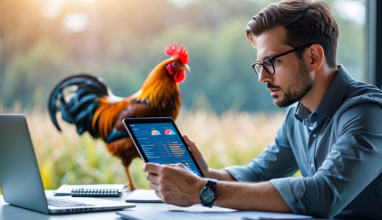 Seorang pria sedang fokus melihat tablet di meja dengan gambar ayam jago samar di latar belakang.