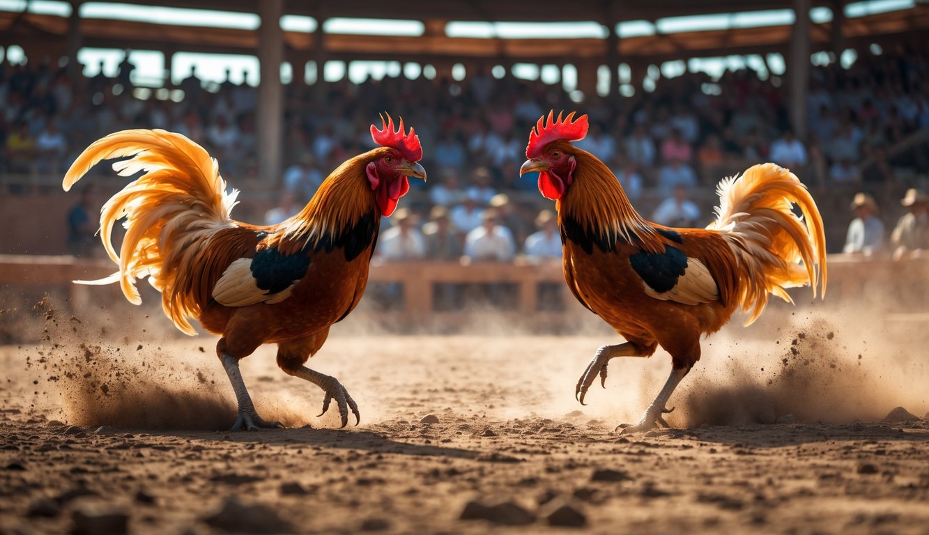 Dua ayam jago sedang bertarung di arena sabung ayam dengan penonton di latar belakang.