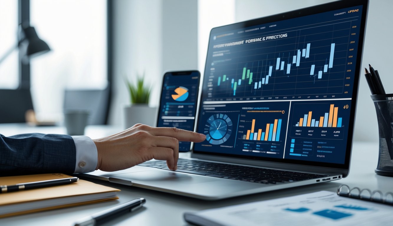 Seseorang sedang bekerja di meja dengan laptop yang menampilkan grafik dan data analisis sabung ayam online, dikelilingi oleh alat tulis dan ponsel di ruang kantor yang terang.