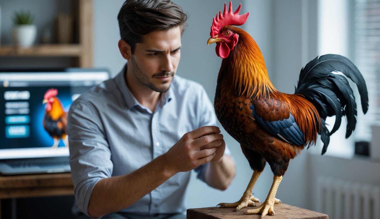 Seorang pria sedang memilih ayam aduan dengan hati-hati di dalam ruangan yang terang, dengan laptop di latar belakang.