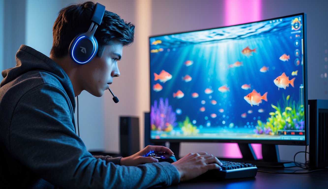 Seorang pria muda fokus bermain permainan tembak ikan di komputer dengan layar besar, di meja rapi dengan perangkat gaming.