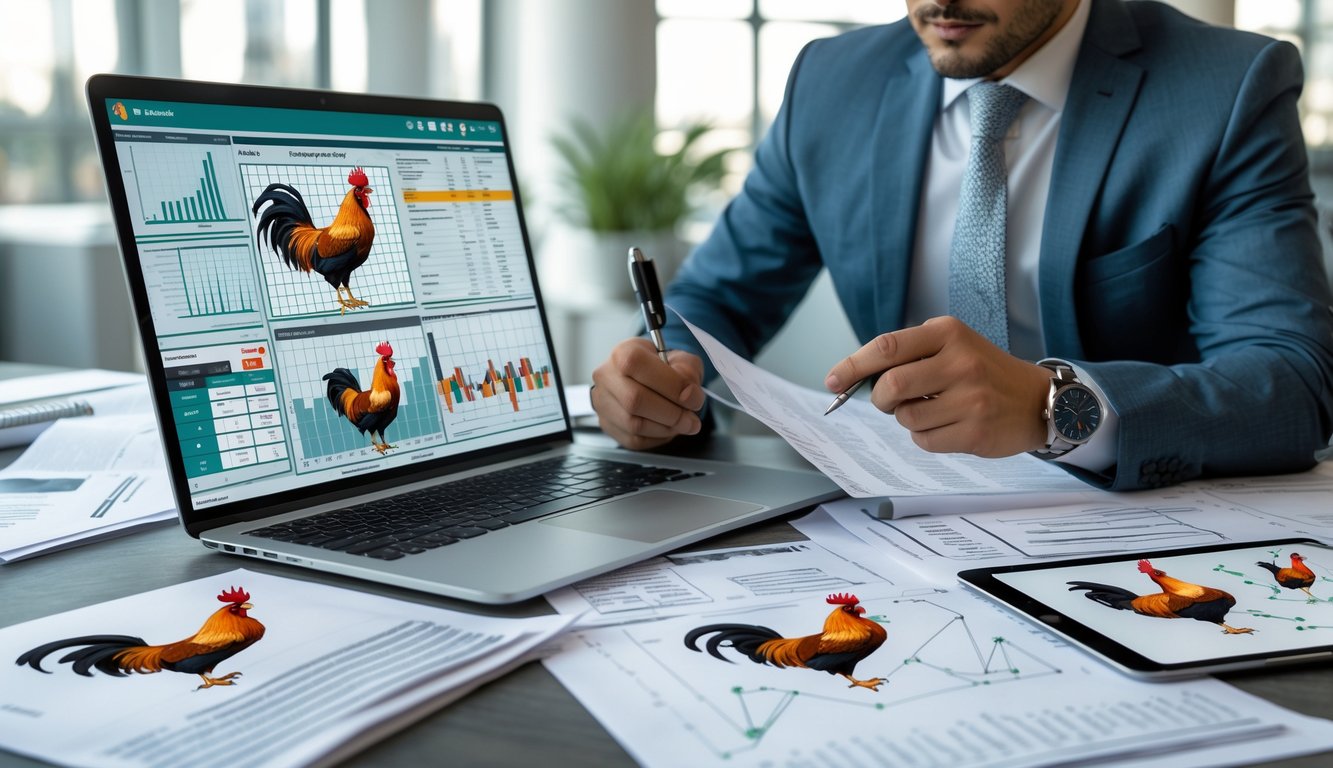 Seorang pria sedang menganalisis data dan diagram tentang pola gerakan dan gaya tarung ayam di sebuah meja kerja dengan laptop dan tablet.