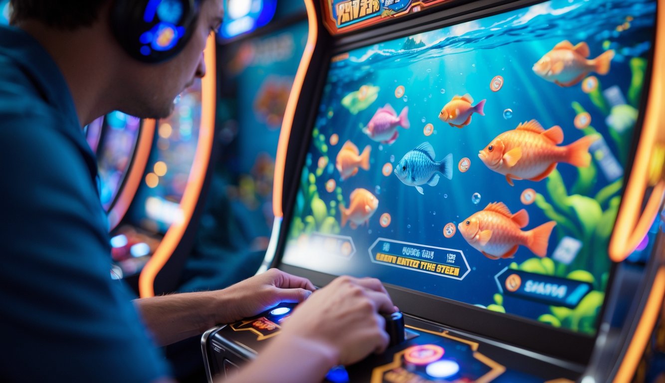 Seorang pemain sedang mengendalikan mesin permainan tembak ikan dengan layar penuh ikan berwarna-warni di latar belakang.