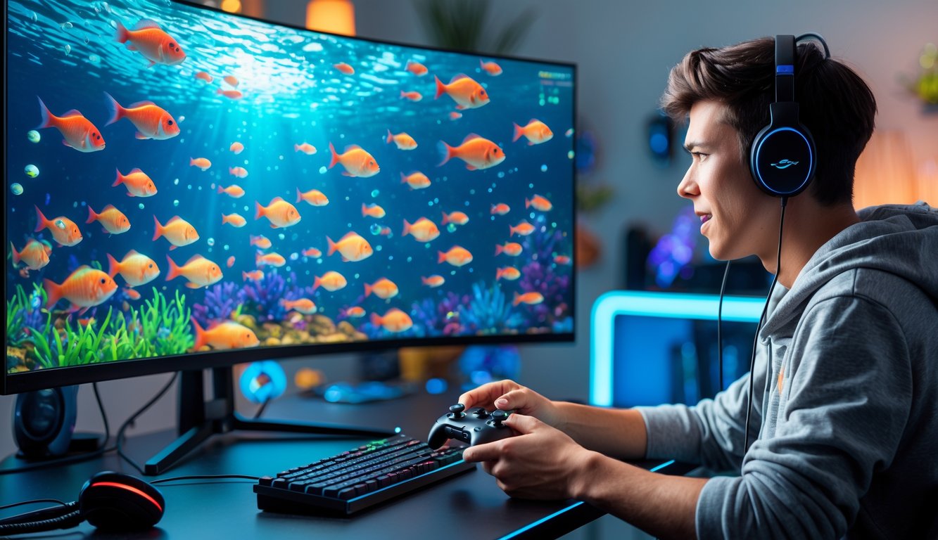 Seorang pemain game sedang fokus bermain game menembak ikan dengan layar komputer yang menampilkan ikan-ikan berwarna-warni di bawah air.