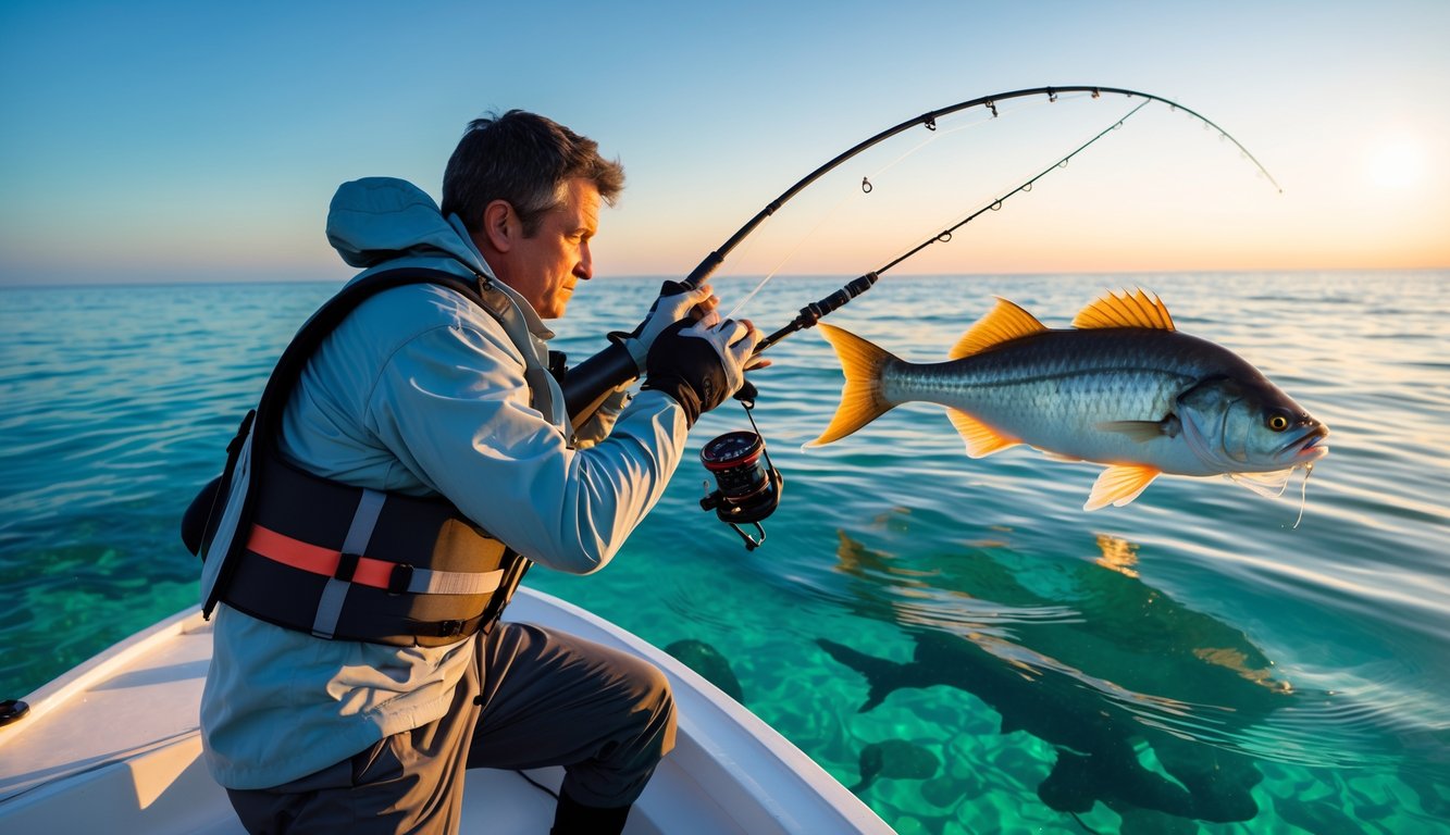 Seorang nelayan berpengalaman di atas perahu siap menembak ikan besar di air jernih saat matahari terbenam.