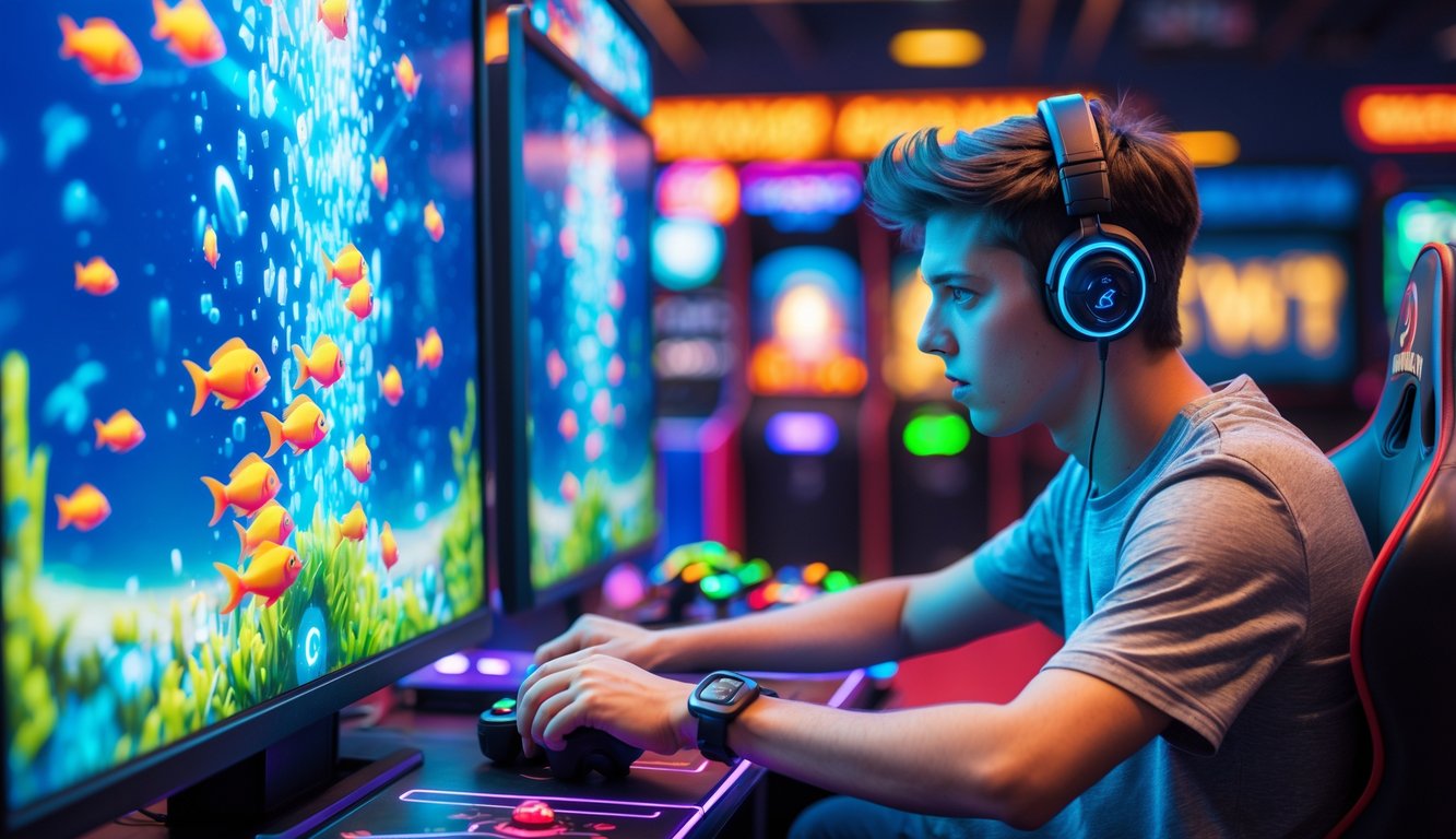 Seorang pemain fokus bermain permainan tembak ikan di arena game dengan layar penuh warna dan animasi ikan bawah laut.