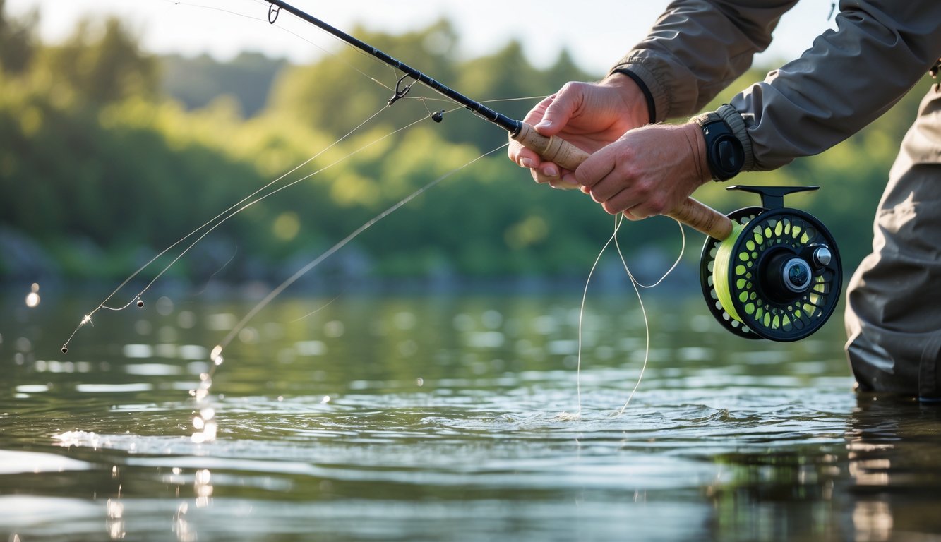 Seorang pemancing sedang menyesuaikan taktik memancing berdasarkan pola gerak dan kecepatan ikan di sebuah danau yang tenang.