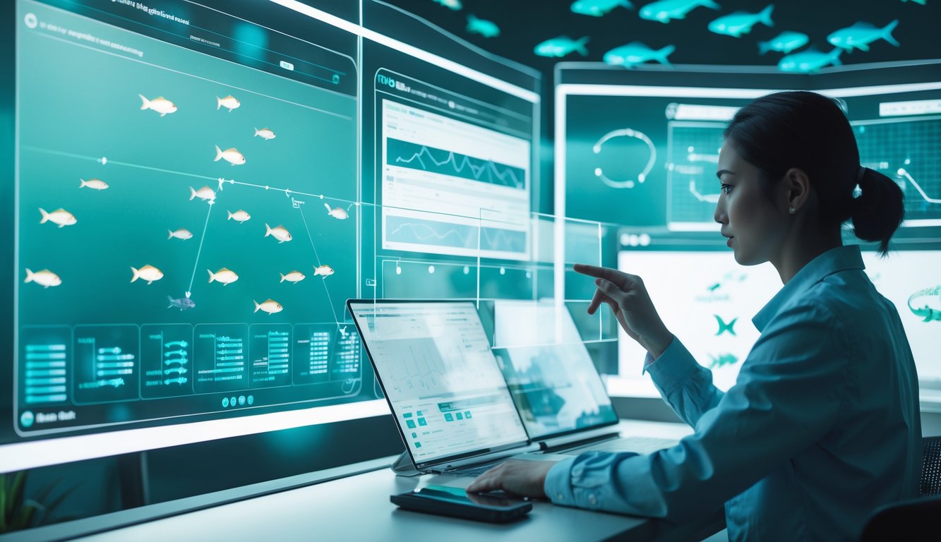 Seseorang sedang menganalisis pola pergerakan ikan pada layar digital di ruang kerja modern dengan latar belakang gambar ikan yang bergerak.