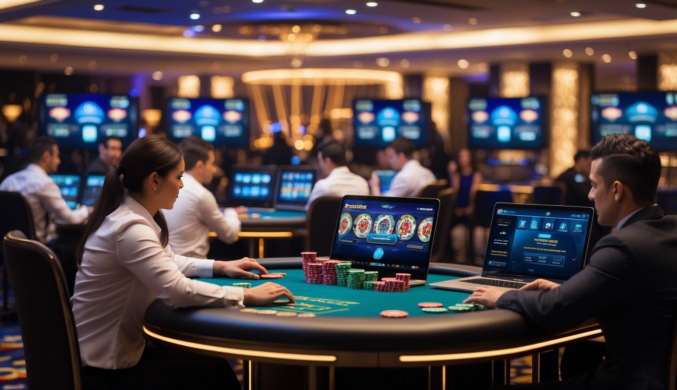 Sejumlah pemain fokus bermain di meja kasino dengan dealer langsung dan perangkat digital di lingkungan kasino modern.