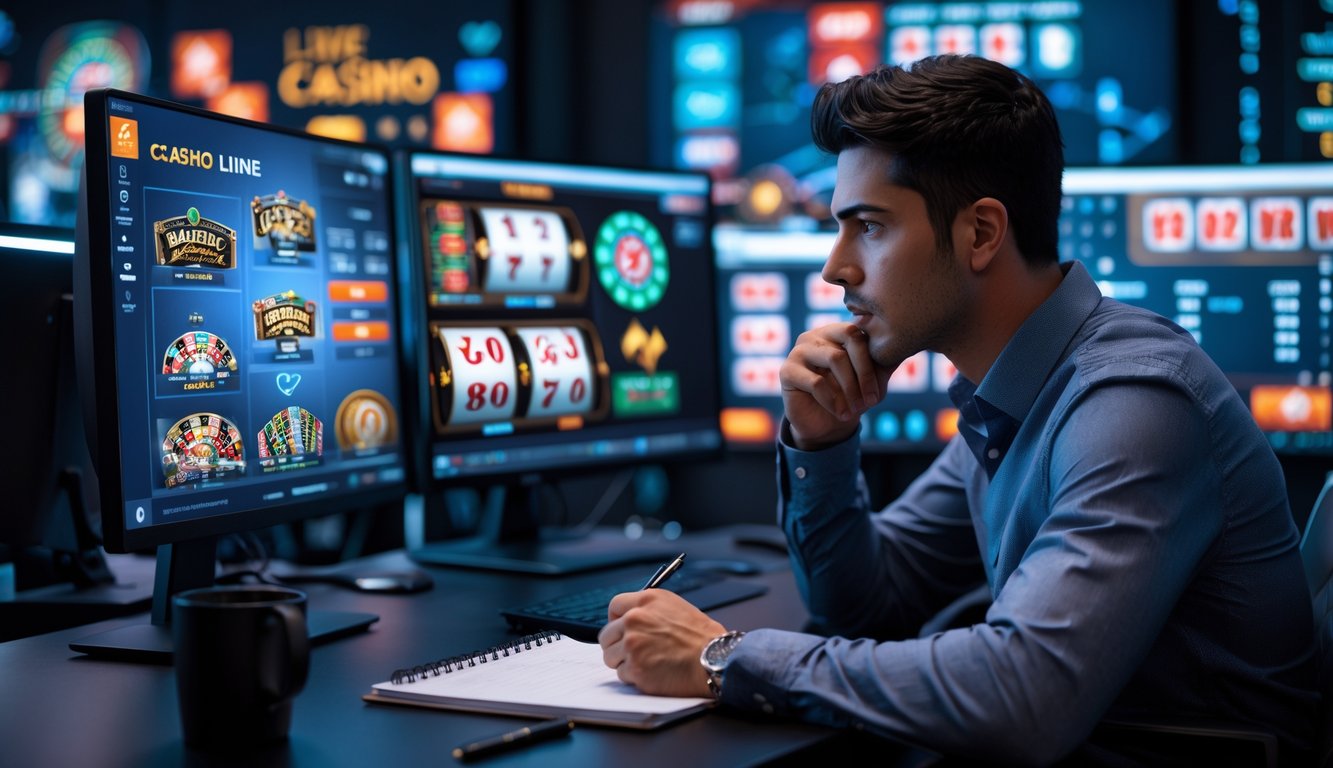 Seorang pria muda fokus duduk di depan beberapa layar komputer yang menampilkan permainan kasino langsung online, dengan suasana modern dan peralatan strategi di meja.