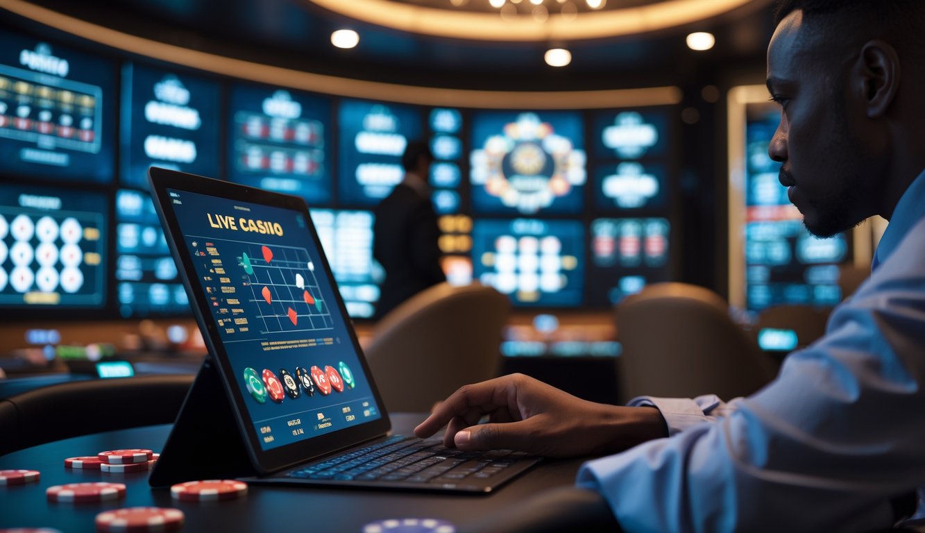 Seorang pemain fokus menggunakan tablet di ruang kasino online dengan layar menampilkan permainan kasino langsung dan grafik tren permainan.