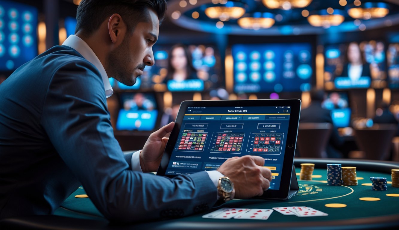 Seorang pria fokus menganalisis pola dealer di tablet digital dalam suasana kasino online langsung yang modern.